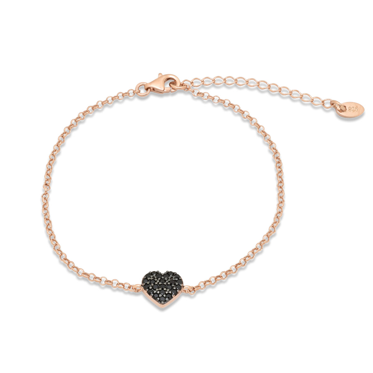 Ασημένιο επιχρυσωμένο με ροζ χρυσό βραχιόλι 925 με καρδιά και μαύρα ζιργκόν